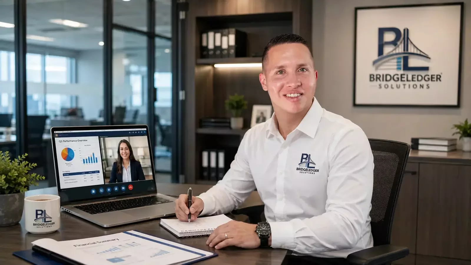 Small business owner in a virtual bookkeeping meeting with BridgeLedger Solutions